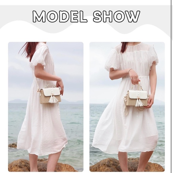 Chic White and Tan Straw Shoulder Bags Crossbody Clutch Bag Tassel Handbag - Picture 4 of 7